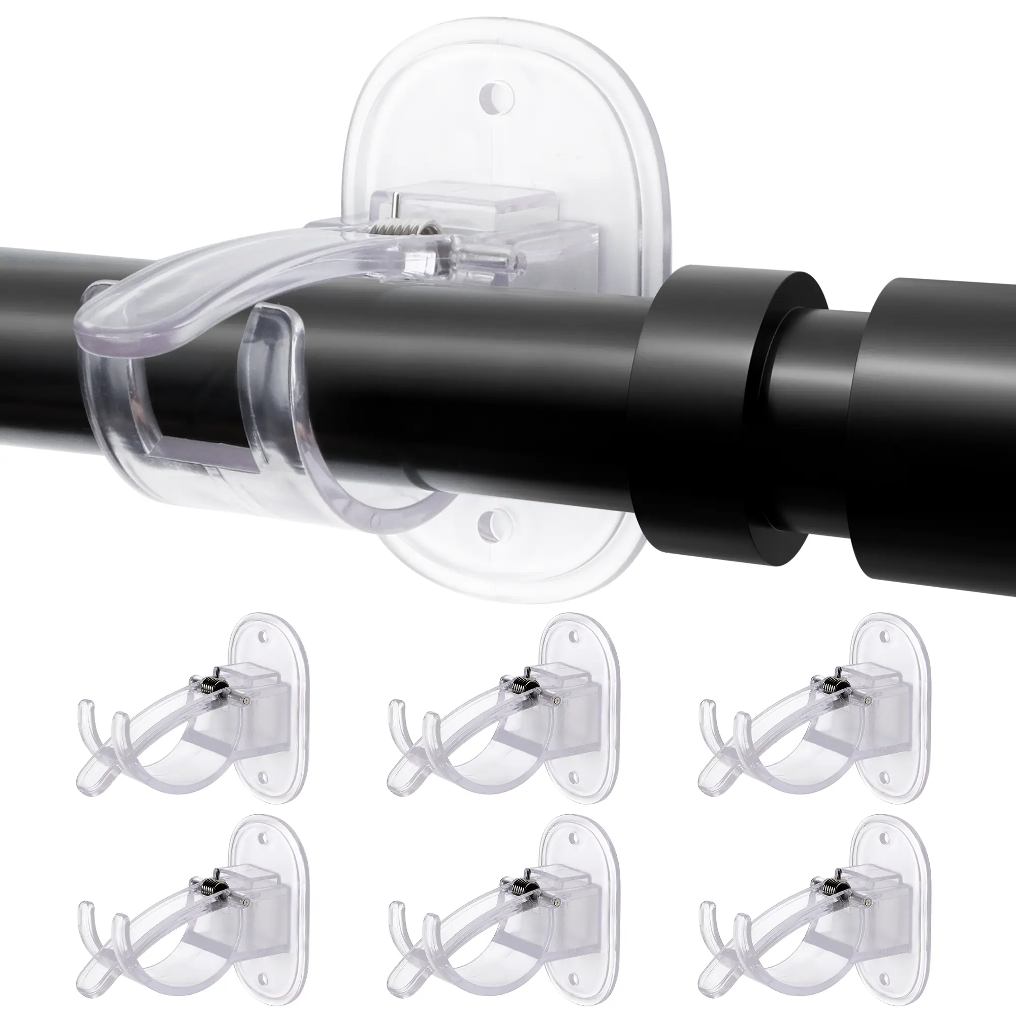 6PCS No Drill Curtain Rod Brackets, Self Adhesive Curtain Rod Holders with Screws, Heavy Duty Wall Hooks, Easy Install No Damage