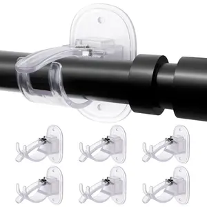 6PCS No Drill Curtain Rod Brackets, Self Adhesive Curtain Rod Holders with Screws, Heavy Duty Wall Hooks, Easy Install No Damage