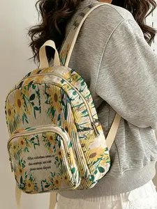sunflower floral, Flower Language 2D printed lady's backpack, Backpack for school, corduroy texture, layered storage, lightweight and easy to carry, perfect for students to go to class/shopping/short trips, practicality