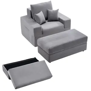 VEVOR Chaise Lounge Chair, 44 in Boneless Modular Chaise Lounge Indoor, Oversized Corduroy Reading Chair with Throw Pillows Armrests, Deep Seat Sofa Couch Sleeper for Living Room, Bedroom, Grey