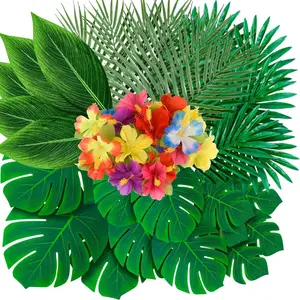 105Pack Artificial Palm Leaves Hibiscus  Tropical Party Decorations Supplies - 7 Kinds  Monstera Leaf for Safari Jungle Hawaiian Birthday Luau Party Theme Table Decor