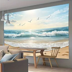 Glam Style 2D Ocean Waves Wall Tapestry, Polyester Seascape Backdrop for Living Room, Bedroom, Office, and Party Decor, Universal Use, No Power Needed, Featherless