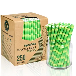 5.75" x 0.31" Green Bamboo Disposable Paper Drinking Straws for Short Drinks, Blended Cocktails, Margaritas, Smoothies, Milkshakes - Unwrapped [250 Counts]