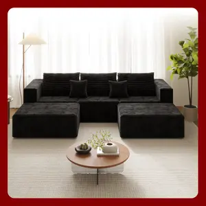 [3-Piece Delivery] [5 Free Pillows] U-Shaped Modular Sofa: Compressed Corduroy Rabbit Fur, Modern Convertible Sofa Bed, Space-Saving Design for Living Room (3-Piece Delivery) - Boneless Sofa Free Combination Upholstered Sectional boneless sectional couch