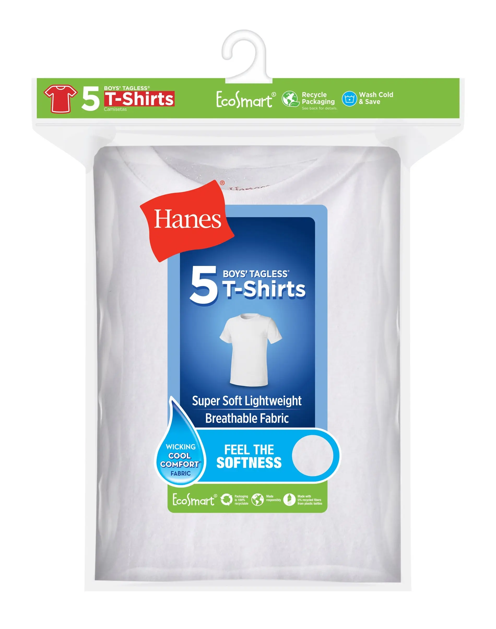 Hanes Ecosmart Boys' Crewneck Undershirt 5-pack Underwear Multi Pack Comfortable Fit Soft Stretch Fabric Breathable Brlcr5