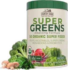 COUNTRY FARMS Super Greens Natural Flavor, 50 Organic Super Foods, USDA Organic Drink Mix, Fruits, Vegetables, Super Greens, Mushrooms & Probiotics, Supports Energy, 20 Servings, 10.6 Oz