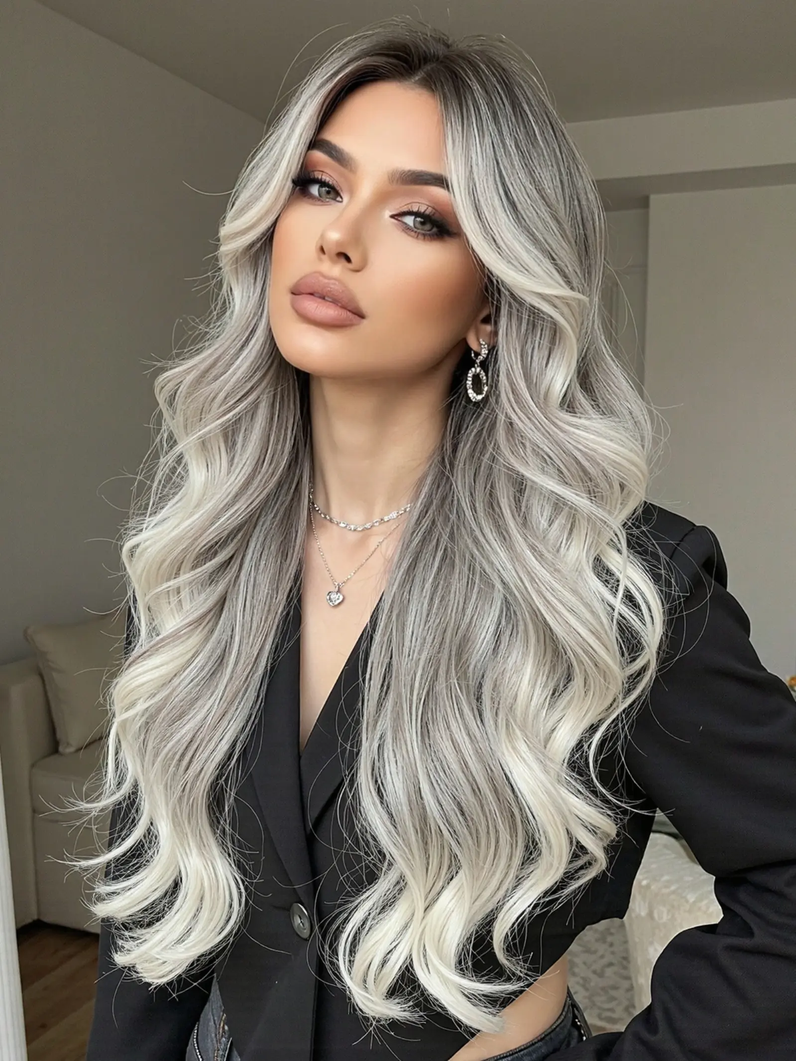22inch Dark Roots Ash Blonde Ombre Long Wavy Loose Body Synthetic Bodywave Wig | Daily Style Synthetic Wigs
