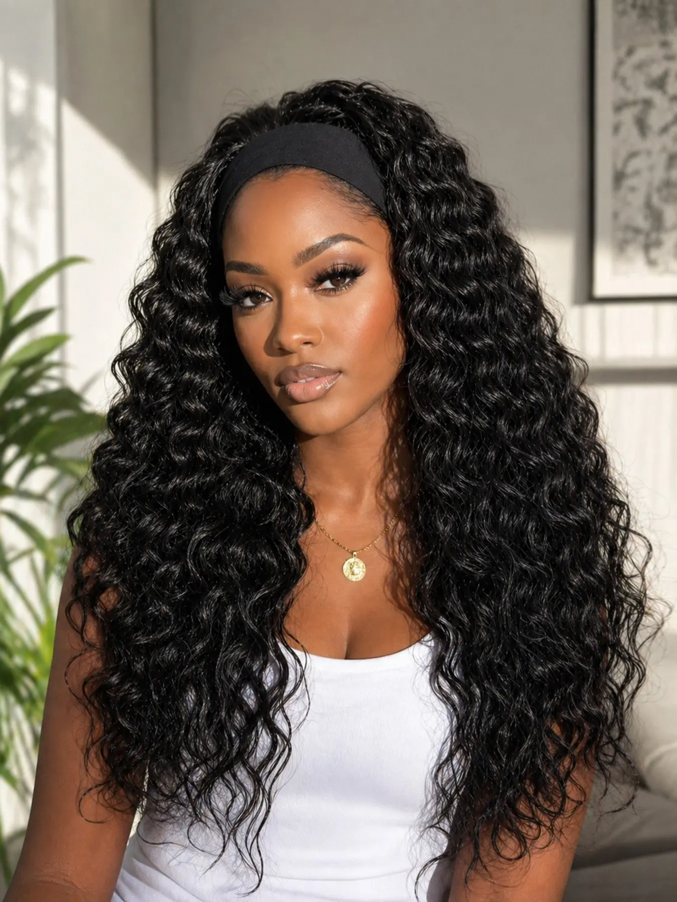 Headband Wig Synthetic Hair, Deep Wavy Hair, 24-Inch Glueless Brazilian Virgin Hair, Machine Made, No Lace Front Hair for Women