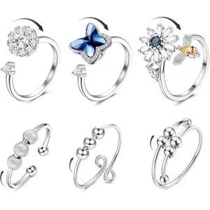 Milacolato Women's Adjustable Open Ring Set (3/6 Pcs) - Elegant Copper Base Spinner Beads Fidget Rings with Cubic Zirconia Flower/Butterfly Designs for Anxiety & Stress Relief, Stackable