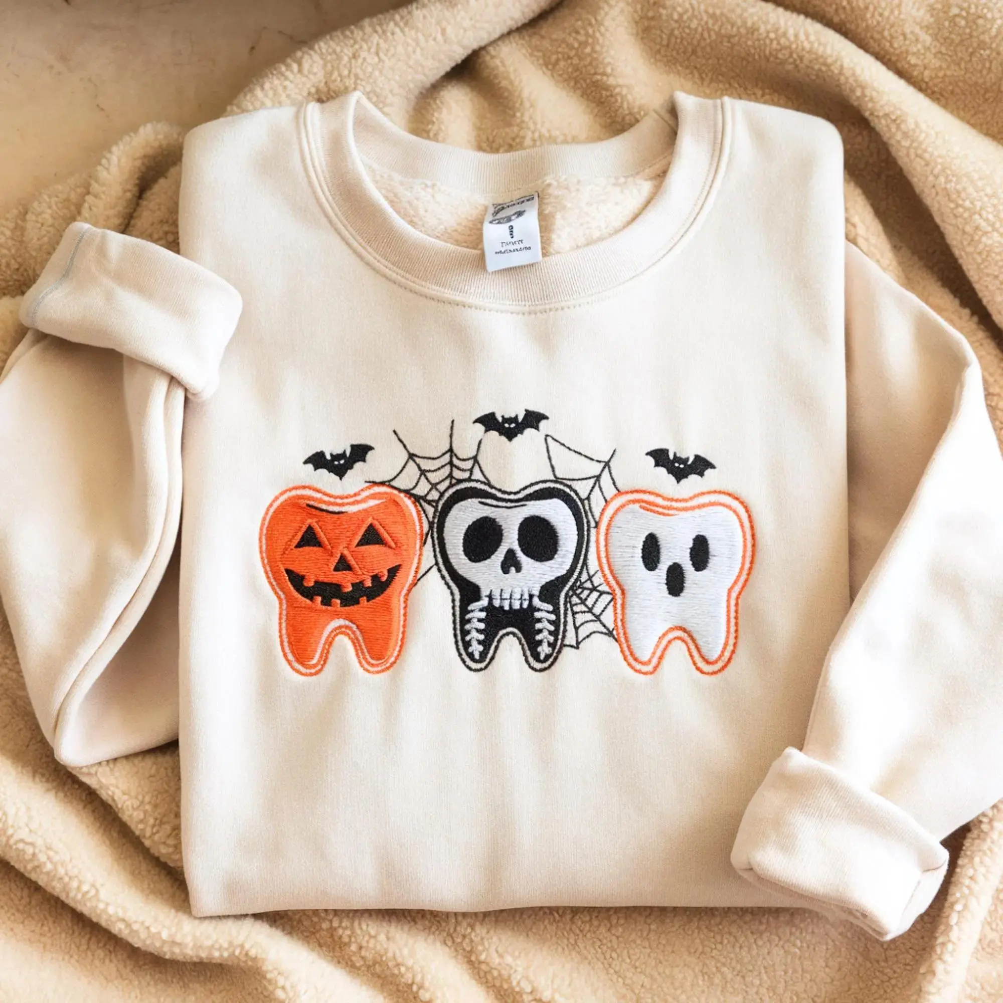 [Made in US] Embroidered Halloween Tooth Sweatshirt T Shirt Hoodie, Cute Spooky Dental Crewneck, Pumpkin Skeleton Ghost Pullover For Dentists And Dental Hygienists