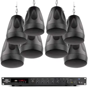 Pure Resonance Audio PD4 Pendant Speaker Bundle - RMA240BT 240W Rack Mount Bluetooth Mixer Amplifier, Speaker Wire, 10-Item Retail Store Sound System