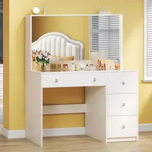 Vanity Desk with Mirror and Lights, Makeup Vanity with Glass Top & Power Outlet, White Vanity with 4 Drawers & 3 Long Hidden Storage Shelves, 3 LED Lighting Modes Adjustable for Bedroom