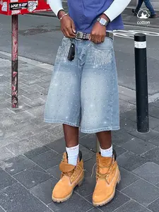 Y2k2026 Summer Fashion Rhinestone Casual Streetwear Seven-Quarter Jeans, High Waist Loose-Fitting Denim Shorts, American Street Style