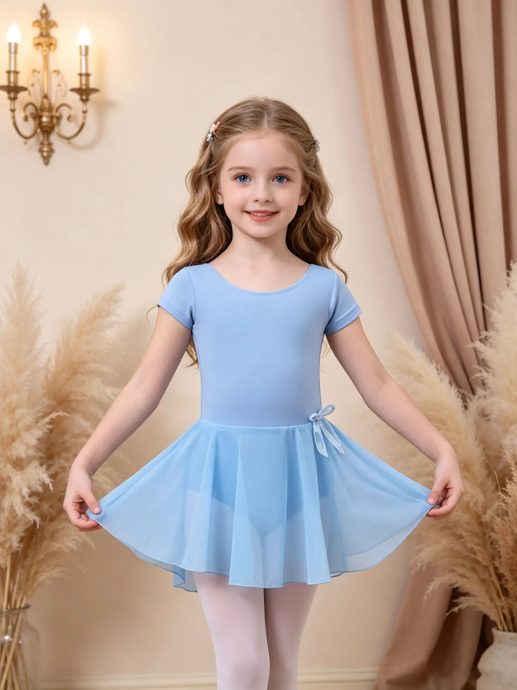 Girls' Short-Sleeve Elastane Ballet Leotard with Chiffon Skirt, Side Bow Decor, Ballet/Gym Dancewear, Gentle Wash Kids' Dance Costume (Multiple Colors Available), Slim-Fitting school gift