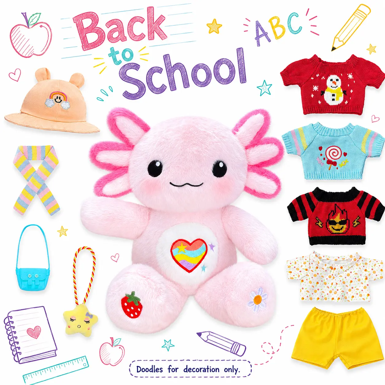 Soft Plush Axolotl Doll Dress-Up Set, Cuddly Stuffed Animal with 9-Piece Clothing & Accessories, 3-12 Years Girls' Imaginary Play Toy for Birthday, Back to School Gifts