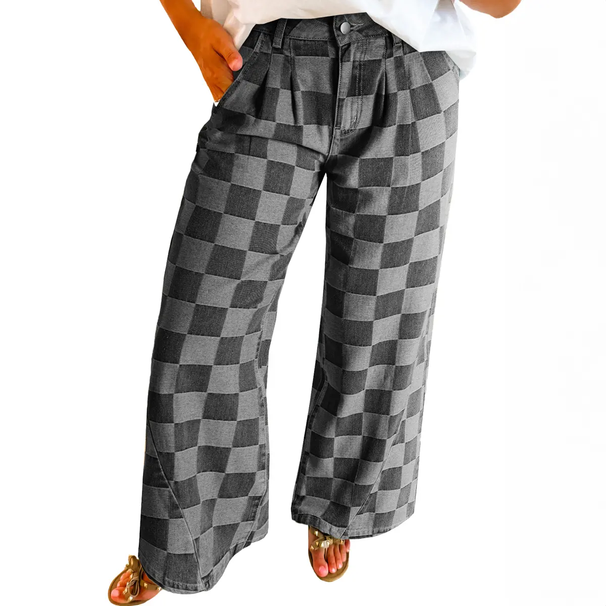 Women's Checkered High Waist Jeans - Vintage 90s Oversized Boyfriend Denim, Baggy Wide-Leg Casual Streetwear, Leg Pants, Fashion Apparel, Women's Clothes, Baggy Wide Leg Jeans