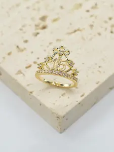 Elegant Women's Copper Ring with Number 15 Engraving, Crown Design, Synthetic Zircon, Perfect for Daily Wear, Parties, Birthdays, Adult Gifts, Engraved Ring