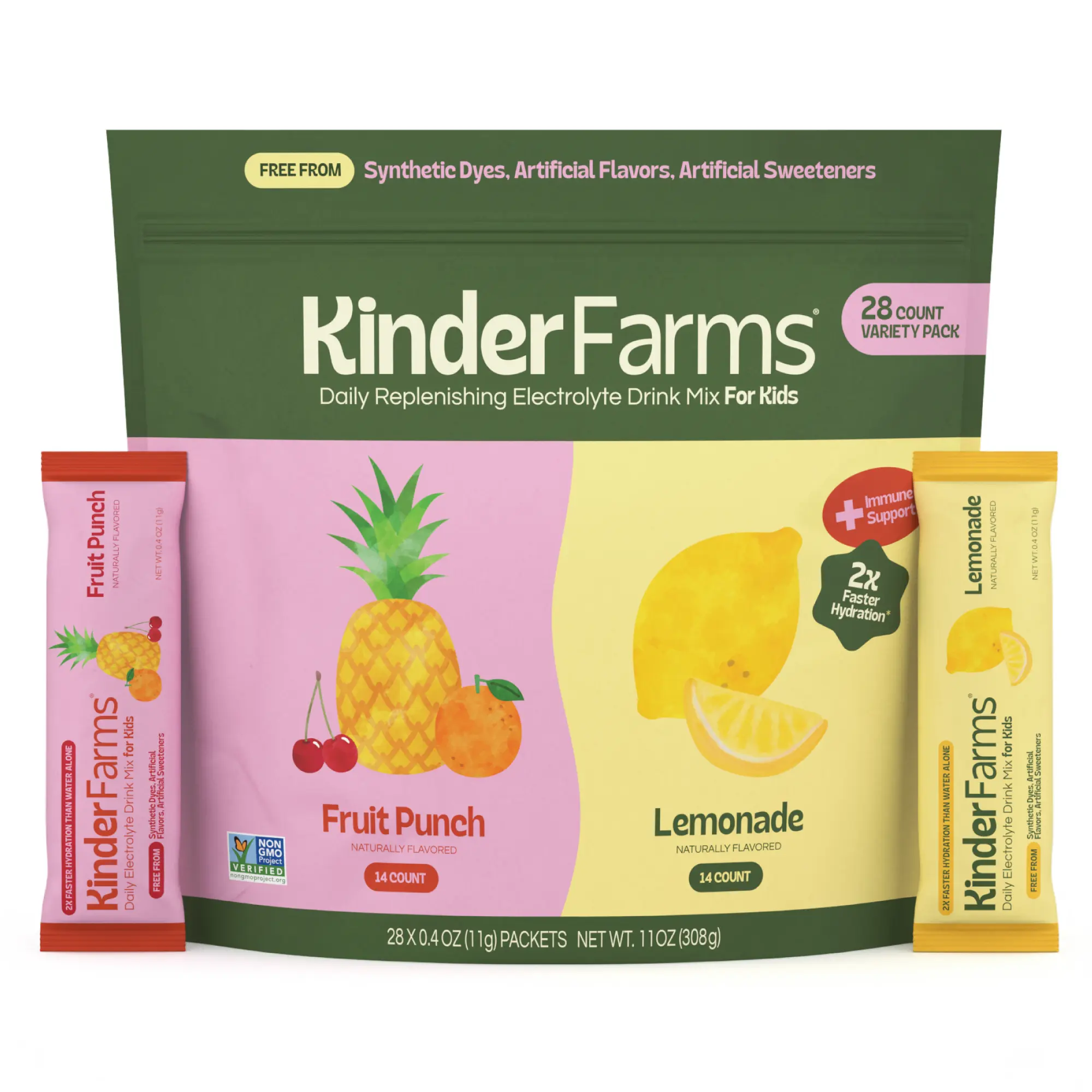 KinderFarms - Electrolyte Powder Drink Mix for Kids & Adults, Variety Pack (28 Count) – Rapid Hydration, Immune Support, Low Sugar, No Artificial Dyes, Clean Ingredients,  Daily Electrolytes, Hydration Packets