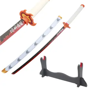 41 inches Real Demon Slayer Cosplay Sword Rengoku Kyoujurou with Wooden Holder Stand Display for Anime Fans Halloween Role Playing Props Cosplay Collection Christmas Gift Birthday