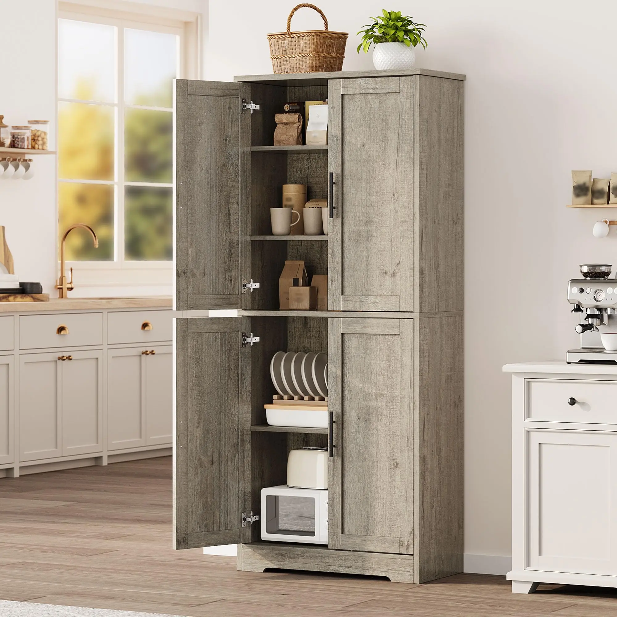 Garvee Floor Mount Kitchen Storage Cabinet - 70cm High Engineered Wood Standing Unit, 4-Door Flat Panel Pantry Organization Cupboard with Adjustable Shelf for Home Office