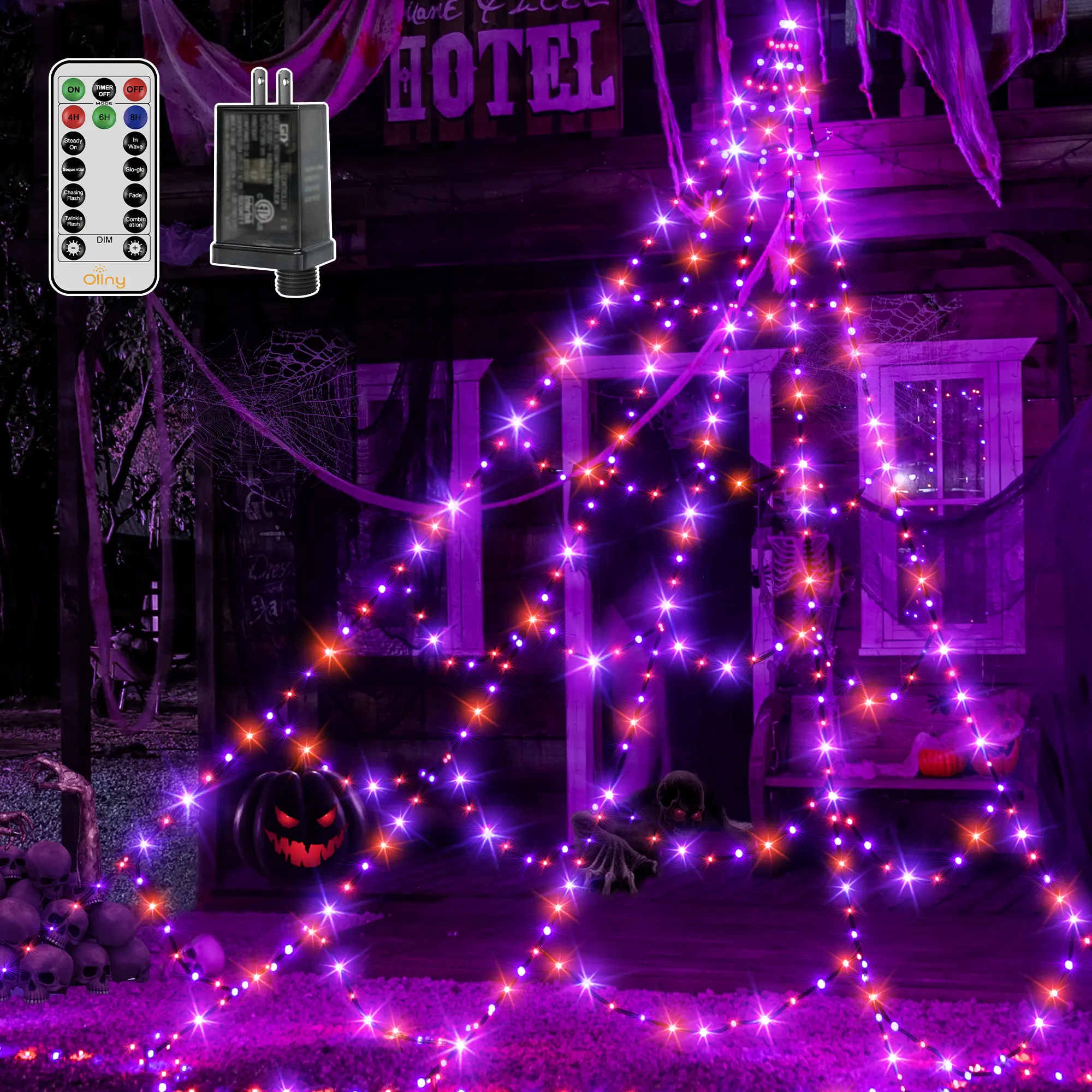 Ollny Halloween Lights Outdoor 454 LED Spider Web Lights Halloween Decorations, 17.4 FT Tall Creepy Web Lights Plug in 8 Modes Timers Memory Function for Holiday House Party Yard