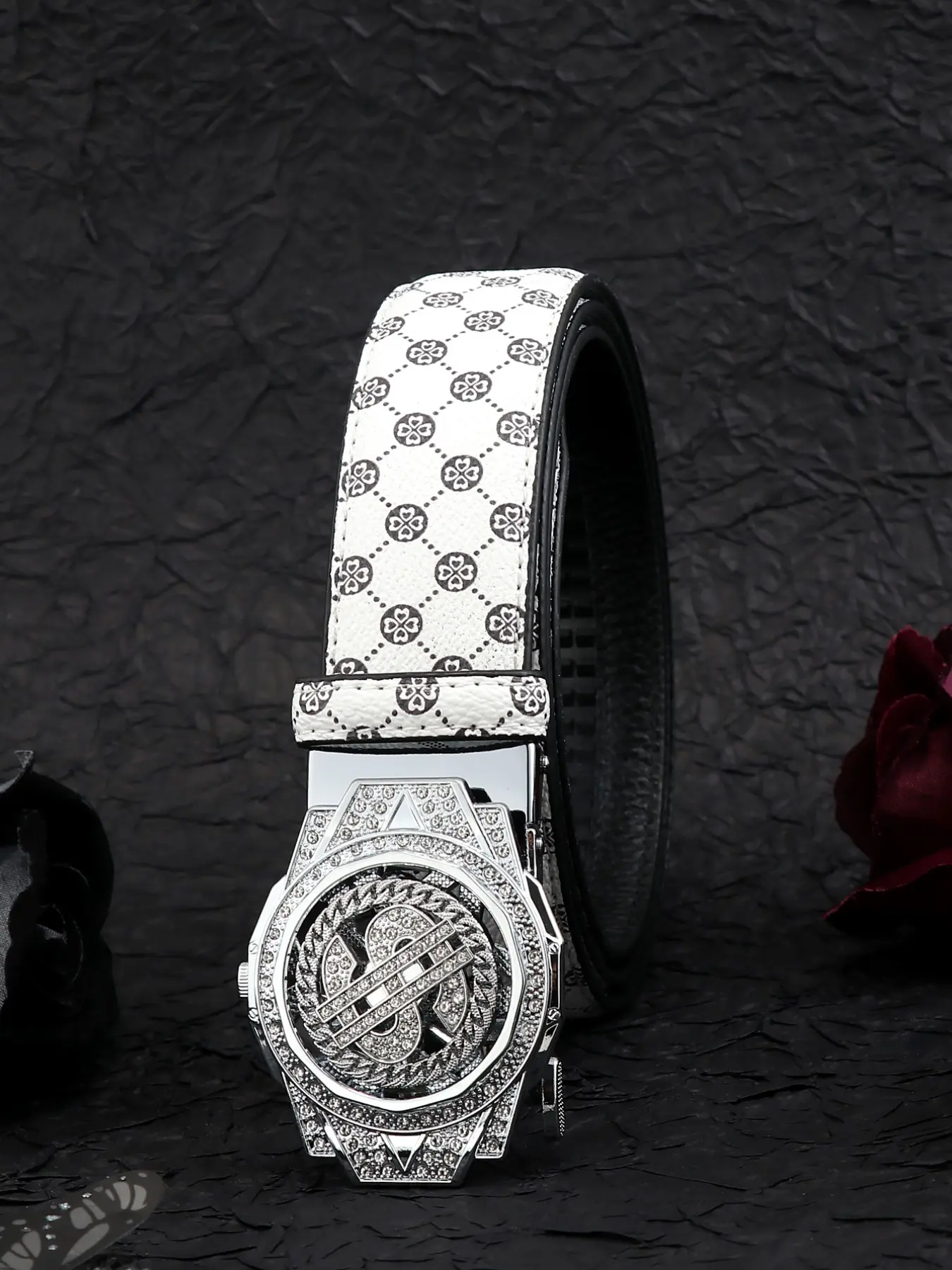 Men's Business Waist Belt with Rotating Dollar-Sign Automatic Buckle, Sparkling Western-Style Belt for Casual and Daily Wear, Business Fashion Belt