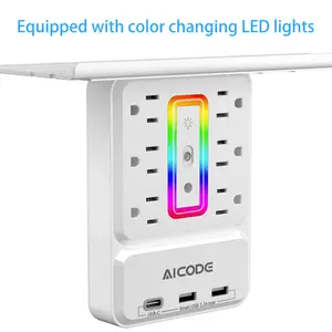 Surge Protector with Nightlight, Wall Outlet Extender - 6 Outlets & 3 USB Ports (1 USB-C) | Socket Shelf with Storage - Home/Dorm/Office Plug Expander Charger with Organizer Shelf