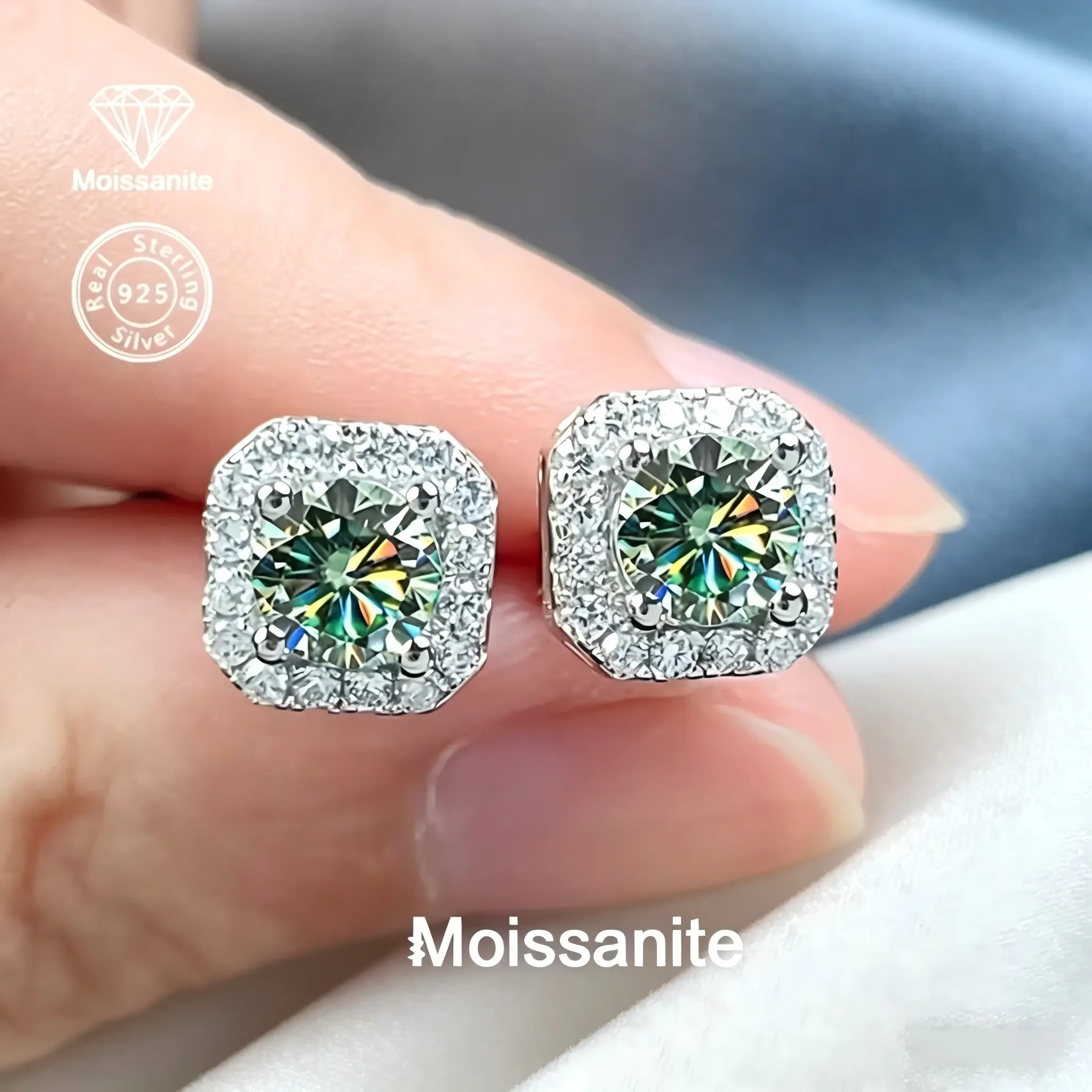 Women's 925 Sterling Silver 1ct Round Cut Blue-Green Moissanite Stud Earrings, Classic Minimalist Jewelry for Adults, Everyday All-Seasons Use, Birthday Gifting & From Daily Wear to Wedding-Ready Glam