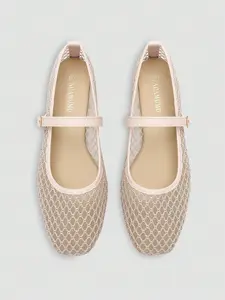 Women's Mesh Breathable Ballet Mary Jane Flats, Square Toe, Metal Buckle Strap, Comfortable Low Heel Shoes for Daily Commute, Walking Shoes