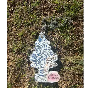 Valerie's Creations Tooled Chrome & White Christmas Tree Ornament with Intricate Design and Chrome Chain for Festive Decor