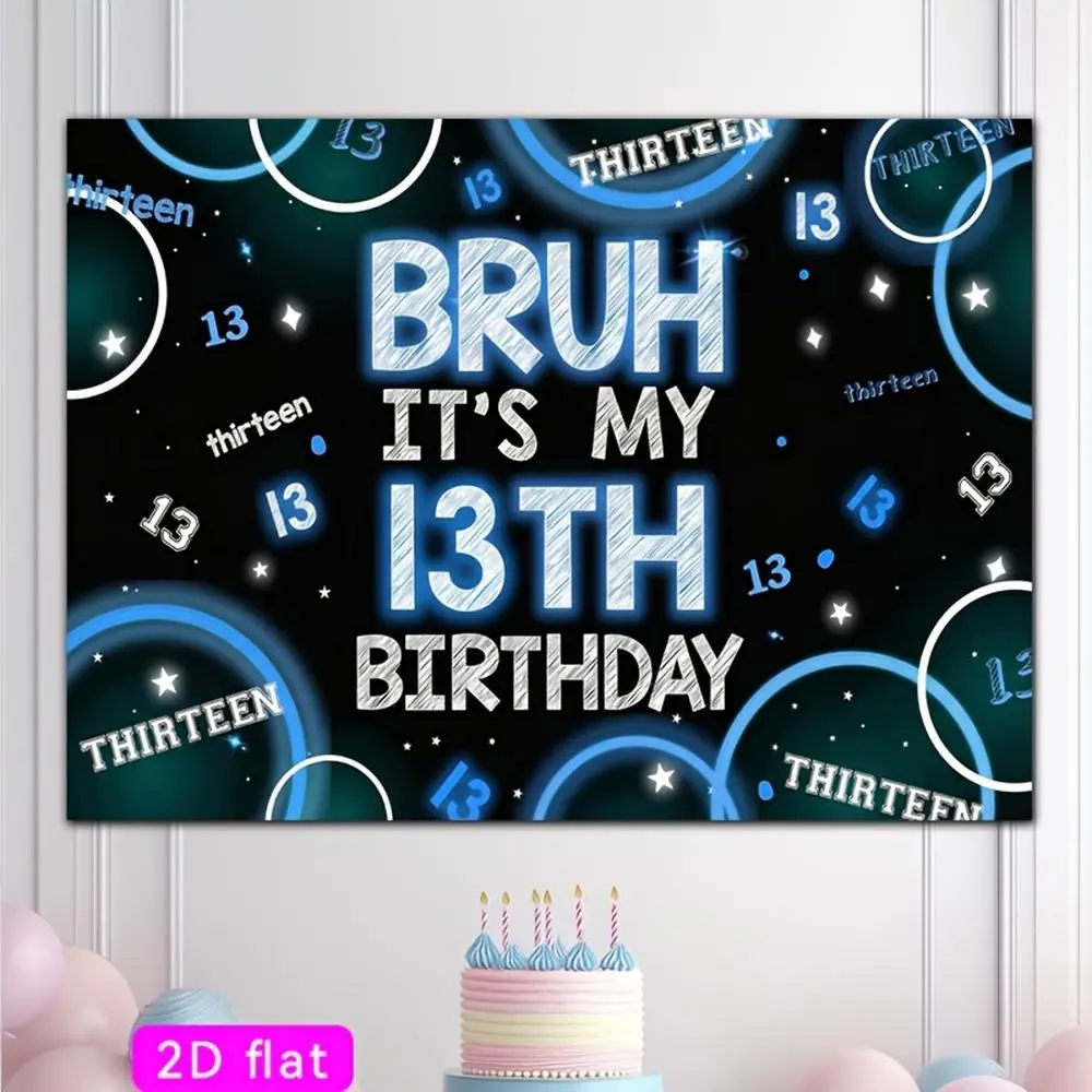 2D Flat Polyester Photography Backdrop Banner - Luminous Black & Blue "Bruh It's My 13th Birthday" HD Printing Cloth, Soft Lightweight Foldable, for 13-Year-Old Teenager Party Decorations, Photo Booth