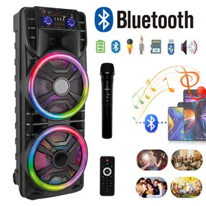 Portable Party Box Dual 12inch Karaoke Speaker System with Wireless Bluetooth, Microphone, LED Lighting & Rechargeable FM Radio Remote Control Smartphone Audio