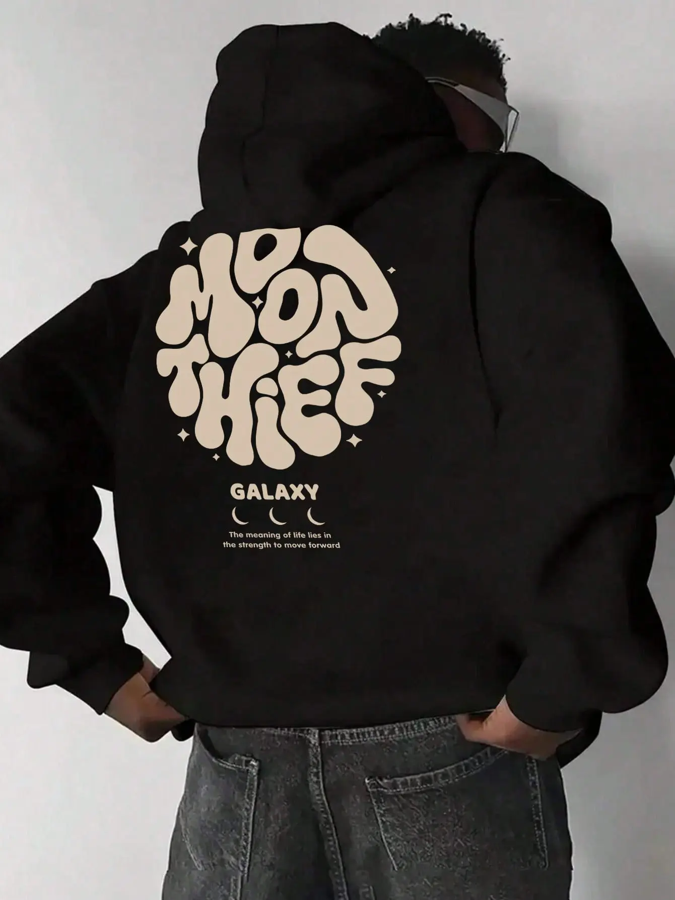 Moon Thief Galaxy Retro Bubble Letter Back Print Hoodie, 270G Brushed Fleece Neutral Beige Celestial Moon Star Graphic Black Hooded Sweatshirt, Aesthetic Casual Streetwear Pullover For Men Women
