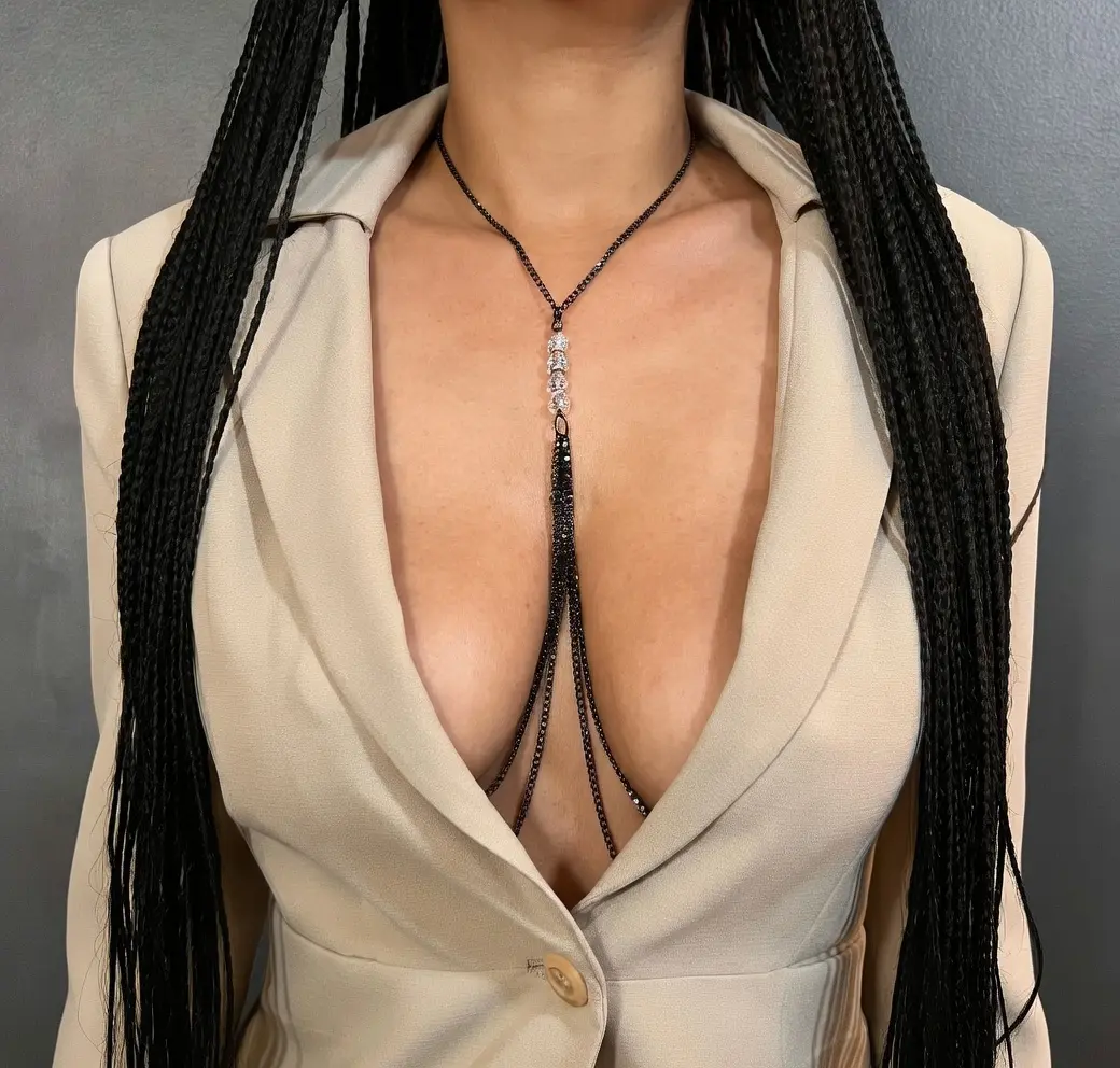Female Black Crystal Non-Piercing Fake Piercing Style Nipple Ring Necklace, Individually Crafted Adjustable Rings with Sliding Stoppers Body Chain Costume Jewelry