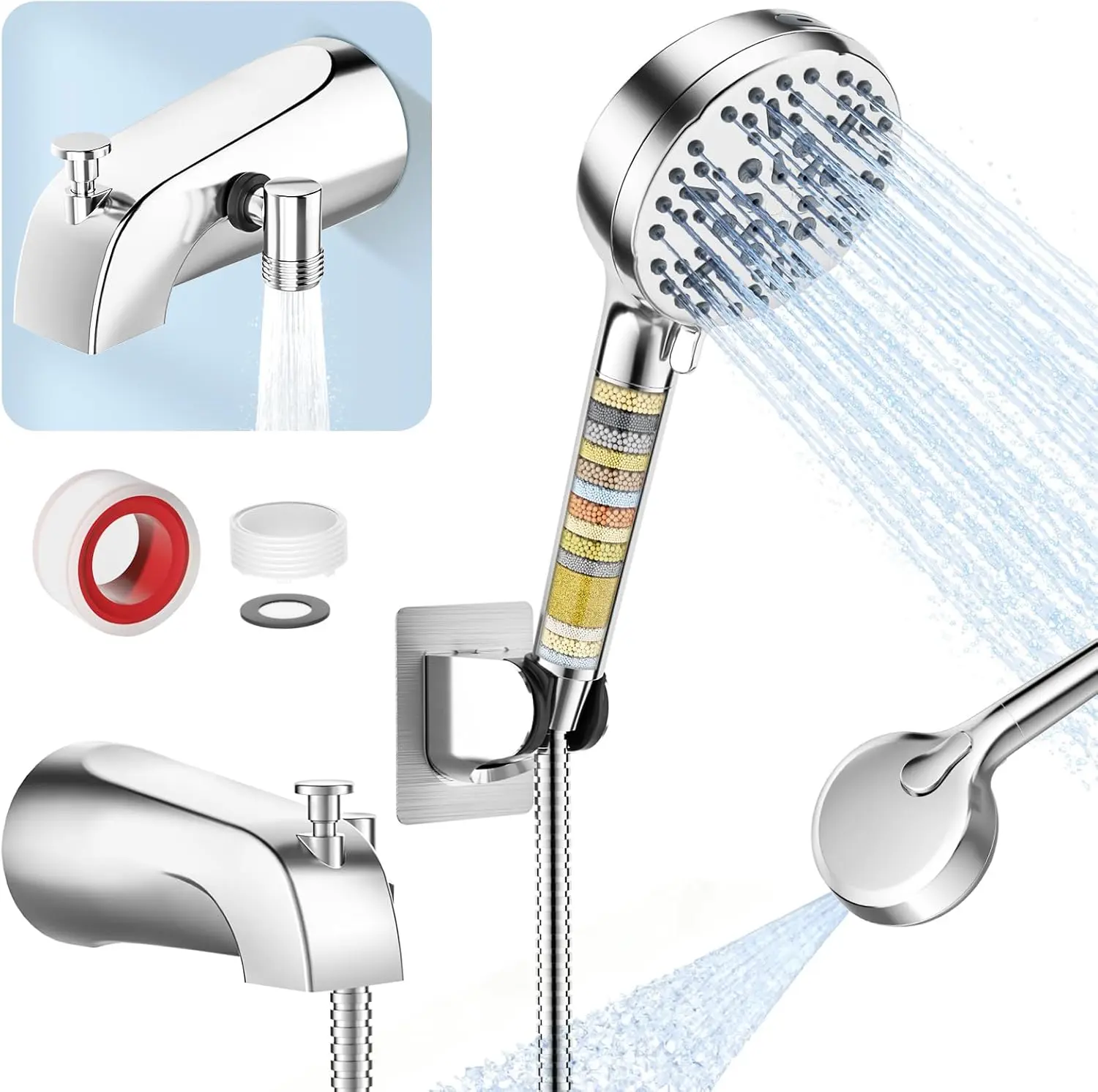 Chrome Bathtub Faucet with Filtered Handheld Shower Head, 6 Spray Modes (Rain to Powder), Tub Spout Diverter, 79-in Extra Long Hose, High Pressure, 3/4"-Thread Copper Pipes, 1/2"-Slip-On Massage Attachment