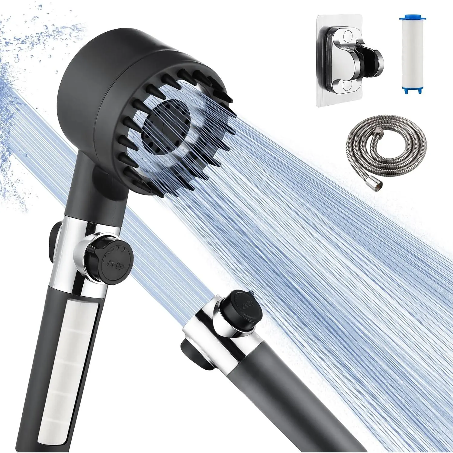 Drivse Iondrops High Pressure Filtered Handheld Shower Head, Gun Grey, with Off Switch, for Hard Water & RV Use, High Pressure Shower Head