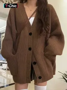 Women's Preppy Style Solid Button Front Drop Shoulder Cardigan Sweaters, Casual Long Sleeve V Neck Knitwear for All Seasons, Ladies Knit Clothing for Daily Wear Knitting