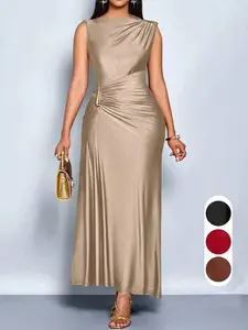 Summer Champagne Color Asymmetric Metal Buckle Dress, Sleeveless Ruched Waist Long Dress, High-End Knit Satin Evening Gown, Slimming Flowy Dress, Formal Chic Formal Wear