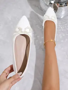 Women's Faux Pearl Decorated Bowknot Design Slip on Flats, Elegant Pointed Toe Shoes for Daily Wear, Lightweight Breathable Comfortable Shoes, Wedding Shoes