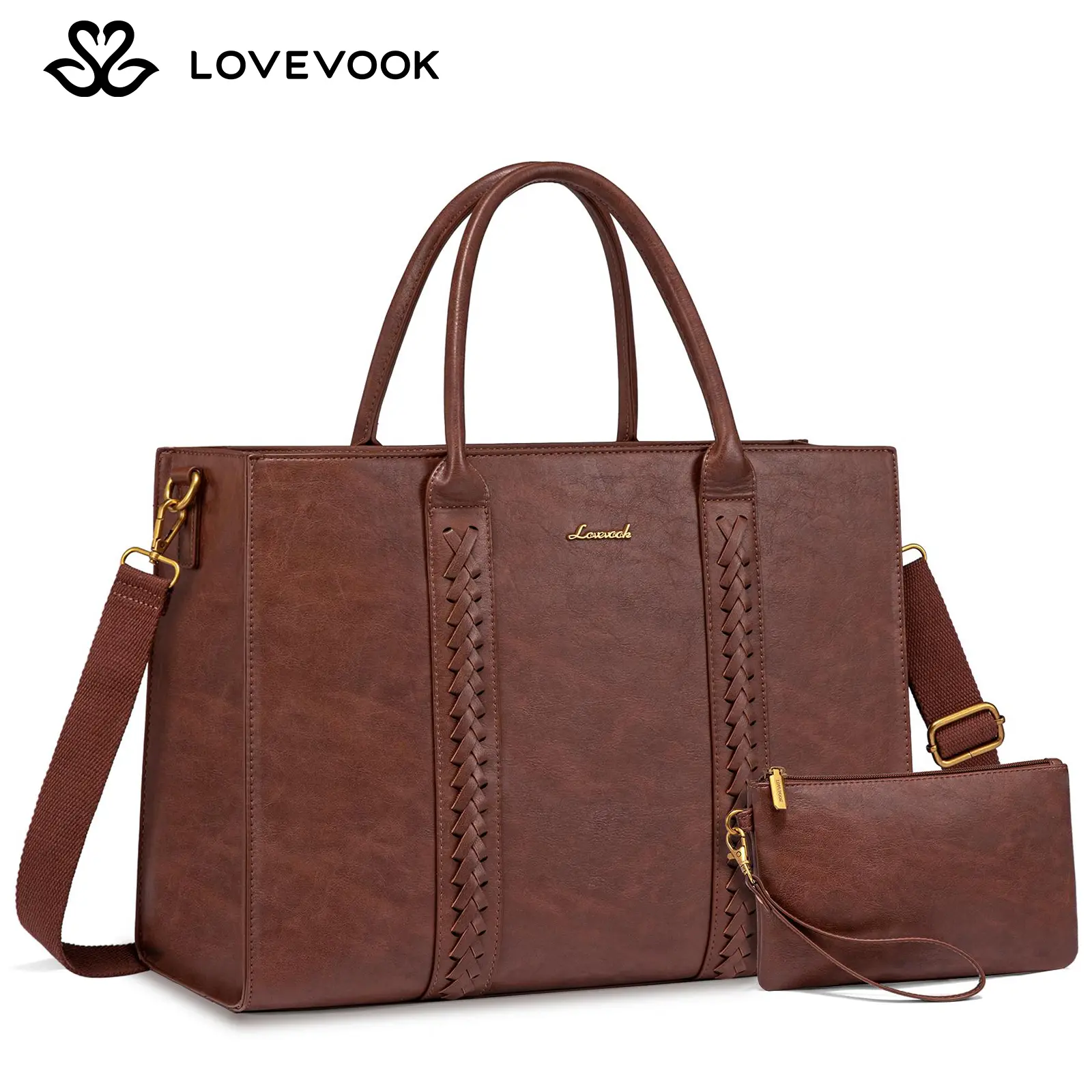 LOVEVOOK 15.6 inch Laptop Tote Bag for Women, Vintage Leather Work Bags Teacher Laptop Bag With Cup Holder, Waterproof Computer Bag Purse, Professional Briefcase Office Shoulder Bag Handbag DealsForYouDays