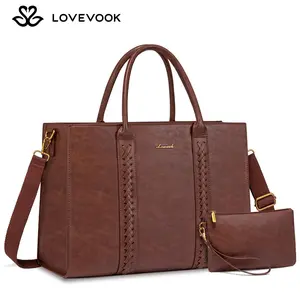 LOVEVOOK 15.6 inch Laptop Tote Bag for Women, Vintage Leather Work Bags Teacher Laptop Bag With Cup Holder, Waterproof Computer Bag Purse, Professional Briefcase Office Shoulder Bag Handbag Summervibes