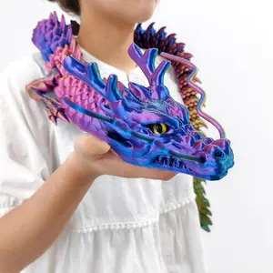 47-Inch 3D Printed Dragon Statue - Articulated Chinese Dragon with Movable Joints, Beard & Horns - Realistic Red Blue Gold Gradient Collectible Figurine for Home Display