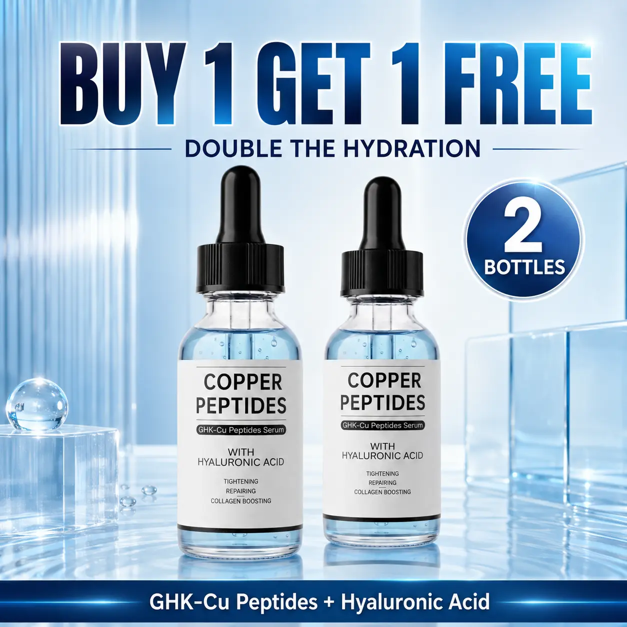 GHK-Cu Copper Peptides Serum 2-Pack (Buy 1 Get 1 Free) with Hyaluronic Acid, Lightweight Moisturizer for Daily Apply, Deep Hydration, Skin Repair to Hydrate & Achieve Smoother, Firmer-Looking Skin