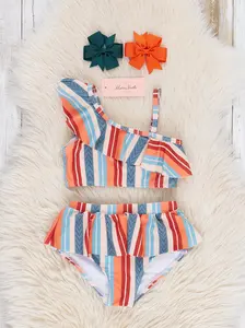 Retro Stripes Asymmetrical Ruffle Swimsuit