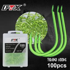 FTK Ise-Ni Fishing Hooks, Fluorescent Green, Flattened, 100pcs Stainless Steel, High-Carbon Steel, Barbed