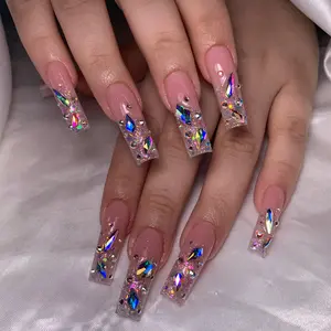 Glossy Sparkly Rhinestone Decor Glitter Base Iridescent Glitter French Tip Fake Nails with Nail File & Tape, Glittering Fake Nails, 24pcs Long Square Press on Nails for Women & Girls DIY Nail Art, Stick on Nails Kit, Nail Kit Set
