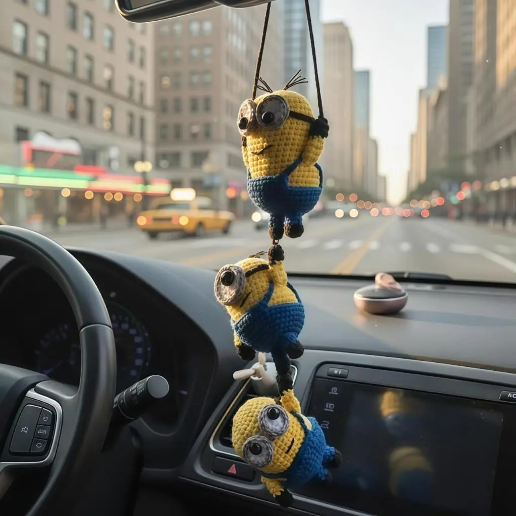 Funny Triple Minions Crochet Car Mirror Hanging - Handmade Amigurumi Character Charm, Gift for Him Her, Car Decor