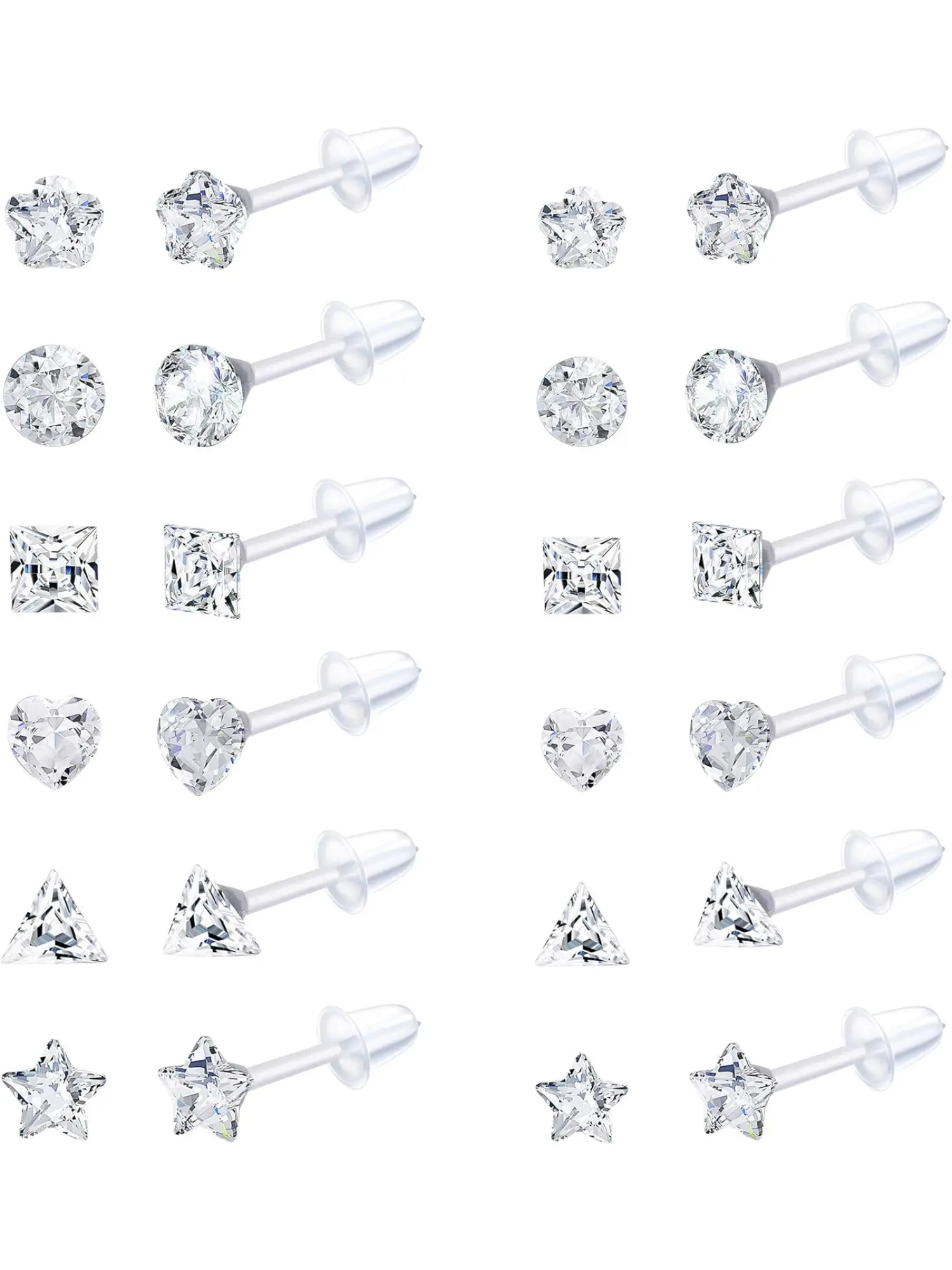 12Pairs Clear Plastic Stud Earrings for Women Acrylic Post Star Heart Rhinestone Ear Studs Piercing Retainers Earrings Set Sparkling Ear Jewelry Stud Earring Pack