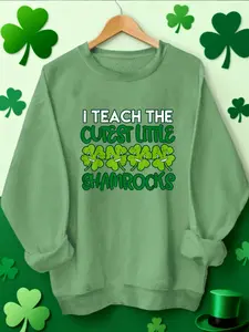 St Patricks Day Teacher Theme Fun Graphic Sweatshirt, Round Neck, I Teach Cutest Little Shamrocks Design, Casual Fitted Holiday Top for Women & Men