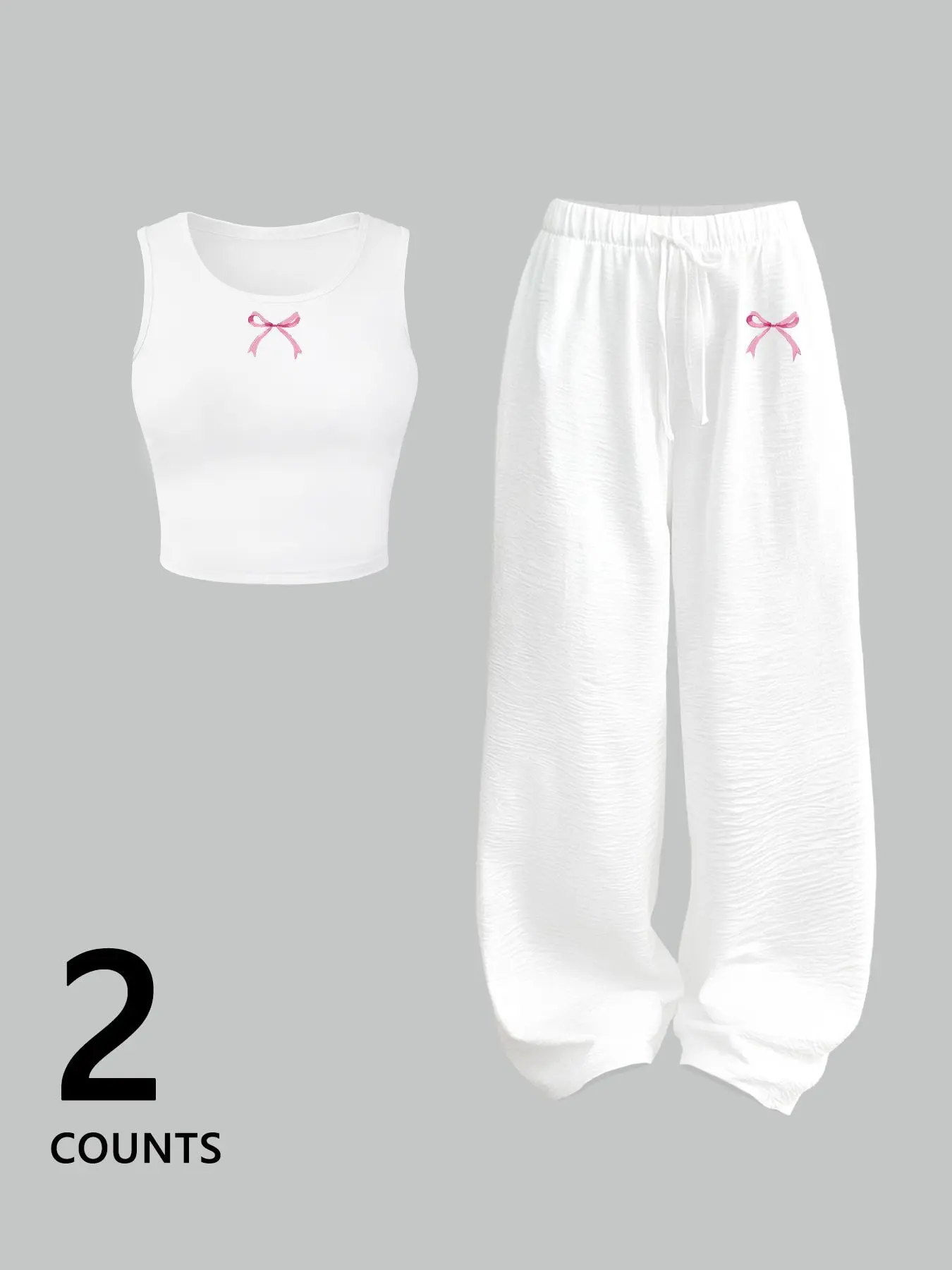 2-Pack Black & Pink Bow Coquette Set, Summer Set, Sleeveless Matching Sets, Sleeveless Crop Top + Wide-Leg Pants, TikTok Aesthetic, Ruffled Texture, Bow Detail, Comfy, Casual, Relaxed Fitted, Perfect for #OOTD, #ChillDays, Brunch, Lazy Nights